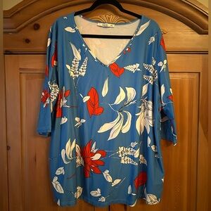 Sakura Blue Floral V-Neck Three Quarter Sleeve Tee